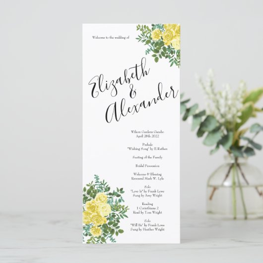 Light Yellow Peony & Roos Floral Wedding Programs Menu (Staand voorkant)