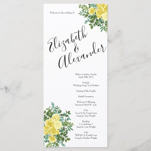 Light Yellow Peony & Roos Floral Wedding Programs Menu (Voorkant)