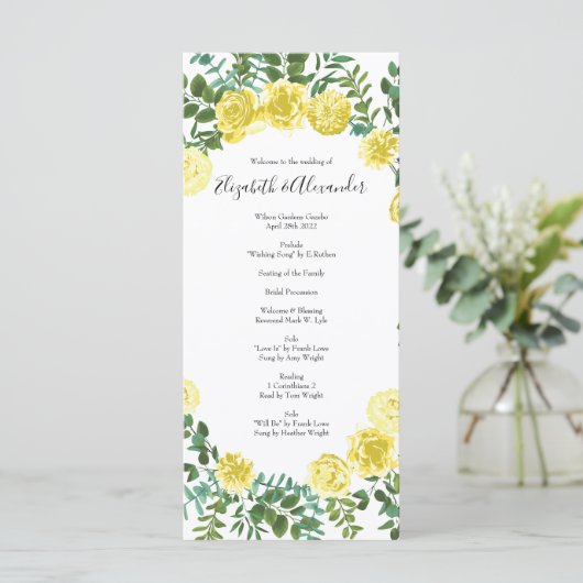 Light Yellow Peony & Roos Floral Wedding Programs Menu (Staand voorkant)