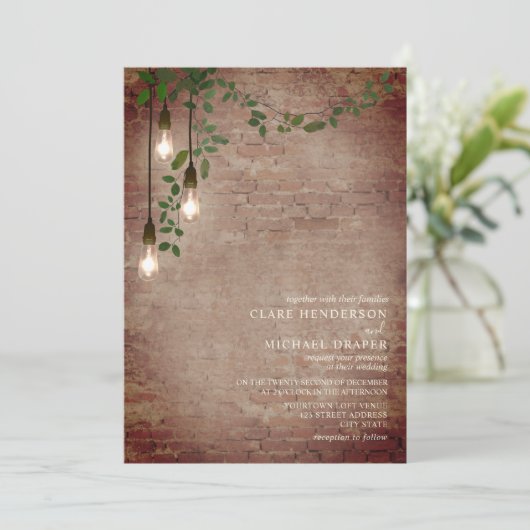 Lightbulb Greenery Garland Brick bruiloft Kaart (Staand voorkant)