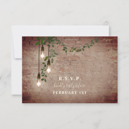 Lightbulb Greenery Garland Brick Wedding RSVP Kaartje (Voorkant)