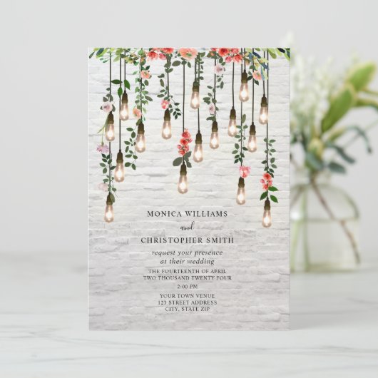  Lightbulb White Brick Floral Wedding Invit Kaart (Staand voorkant)