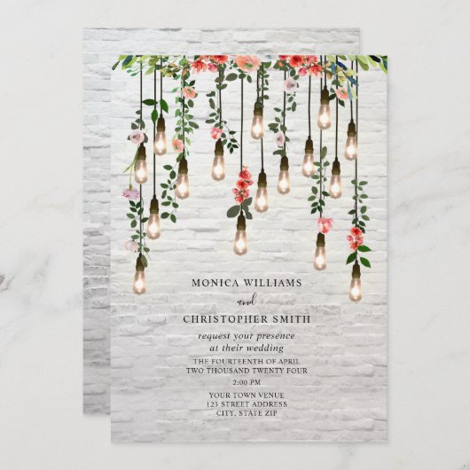  Lightbulb White Brick Floral Wedding Invit Kaart (Voorkant / Achterkant)