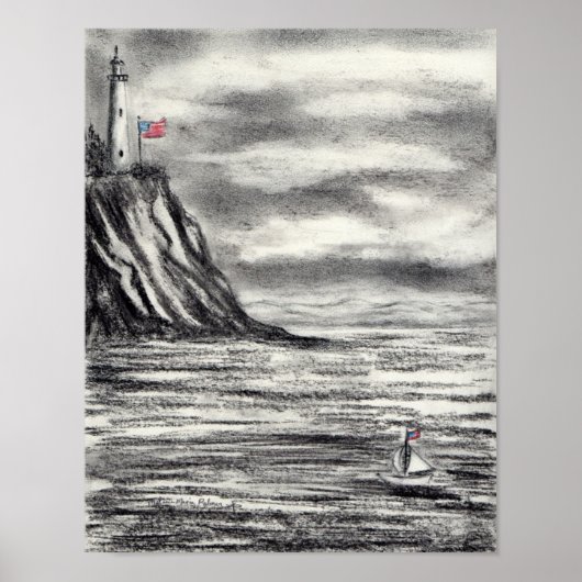 Lighthouse and Sailboat charcoal drawing Poster (Voorkant)