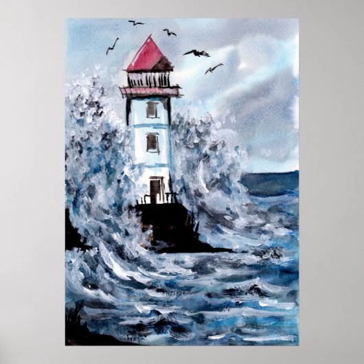 Lighthouse and Storm Watercolor Poster (Voorkant)