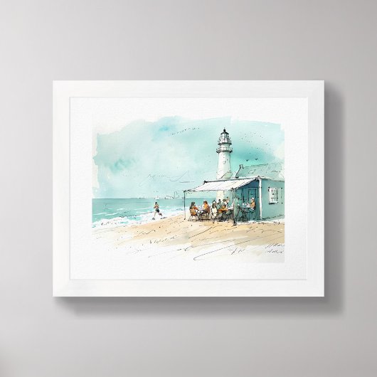Lighthouse Beach Café – Nautical Sketch Watercolor Poster