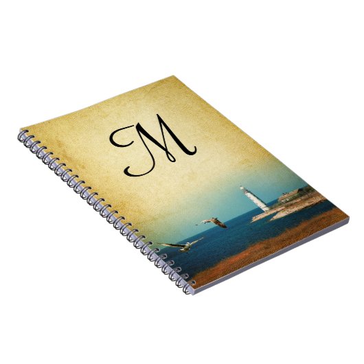 Lighthouse Beach Scene Monogram Initiaal Notitiebo Notitieboek (Rechterzijde)