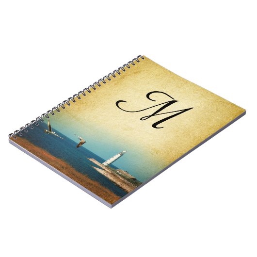 Lighthouse Beach Scene Monogram Initiaal Notitiebo Notitieboek (Linkerzijde)