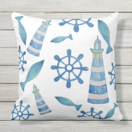 Lighthouse Beach Waterverf Handbeschilderd Buitenkussen