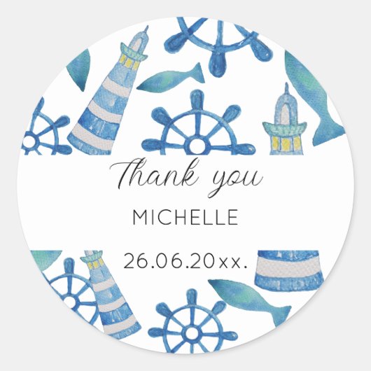 Lighthouse Beach Waterverf Handbeschilderd Ronde Sticker (Voorkant)