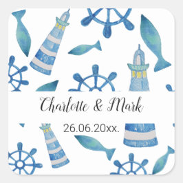 Lighthouse Beach Waterverf Handbeschilderd Vierkante Sticker