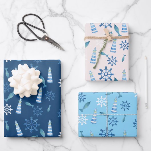 Lighthouse Beach Waterverf Handgeschilderd Outdoor Inpakpapier Vel (Voorkant)