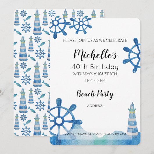 Lighthouse Beach Waterverf Handgeschilderde uitnod Kaart (Voorkant / Achterkant)