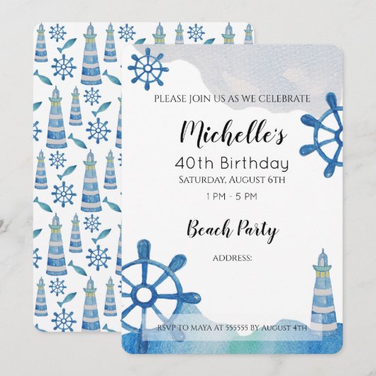 Lighthouse Beach Waterverf Handgeschilderde uitnod Kaart (Voorkant / Achterkant)