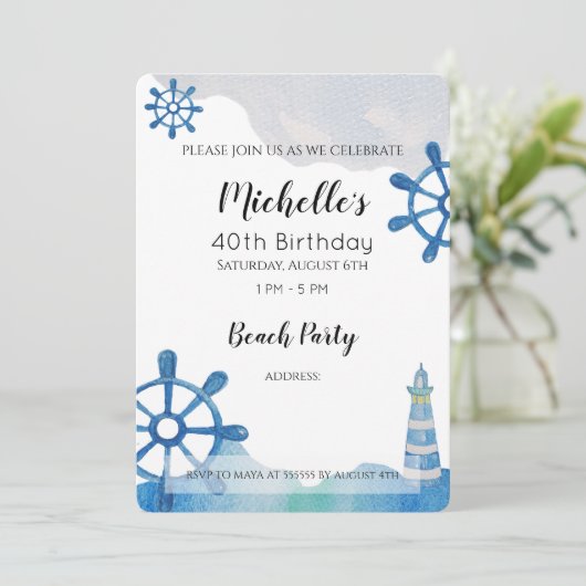 Lighthouse Beach Waterverf Handgeschilderde uitnod Kaart (Staand voorkant)