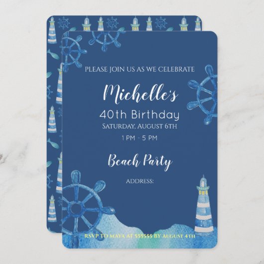 Lighthouse Beach Waterverf Handgeschilderde uitnod Kaart (Voorkant / Achterkant)