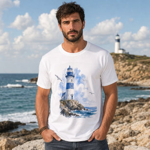 Lighthouse Coastal Blauw en Wit Heren  T-shirt