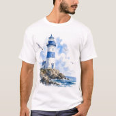 Lighthouse Coastal Blauw en Wit Heren T-shirt (Voorkant)