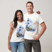 Lighthouse Coastal Blauw en Wit Heren T-shirt (Unisex)