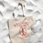 Lighthouse Custom Crimson Welkom Tote Bag<br><div class="desc">Een unieke set aangepaste canvas tassen die is afgestemd op uw strandstijl of doelbruiloft. Het bevat een welkome tekst gevolgd door de naam van de locatie of de persoon die de tas ontvangt. Onder dit is een -Stijl Vuurtoren in het rood van de kleurenkritiek. Alle elementen van het ontwerp zijn...</div>