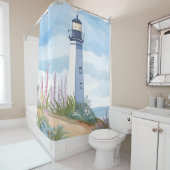 Lighthouse in Bloom | Coastal Watercolor Floral Douchegordijn (In situ)
