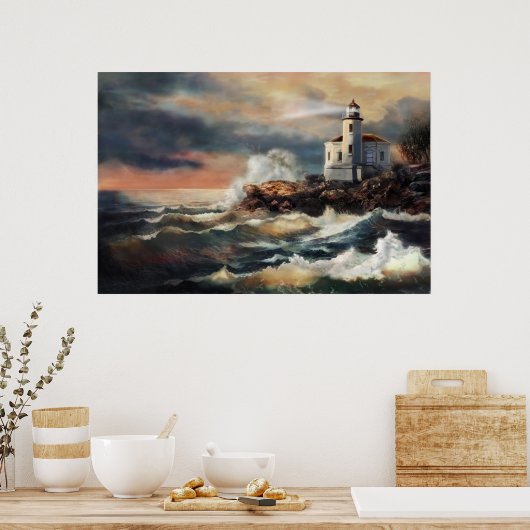 Lighthouse in evening glow poster (Keuken)
