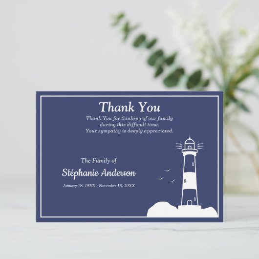 Lighthouse Navy Blue Funeral Dank u Kaart (Staand voorkant)