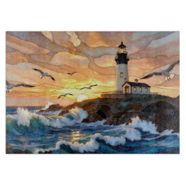 Lighthouse Ocean Sunset Cutting Board Coastal Art Snijplank
