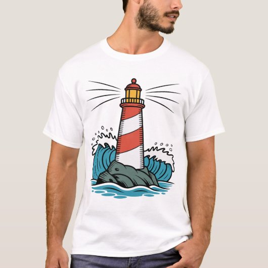 Lighthouse Ocean Waves Design – Nautical Coastal  T-shirt (Voorkant)