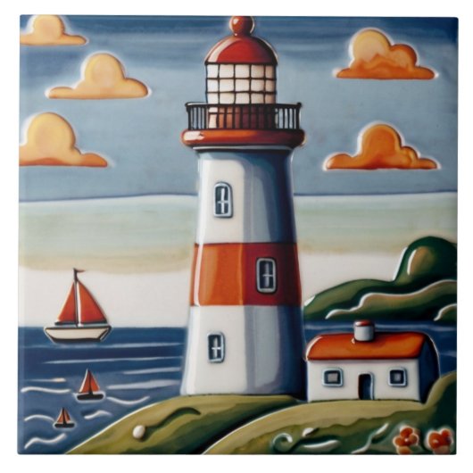 Lighthouse & Sail Boats Seaside Ocean zee thema Tegeltje (Voorkant)