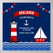 Lighthouse Sailboat Nautical Baby Boy Birth Stats Poster (Voorkant)