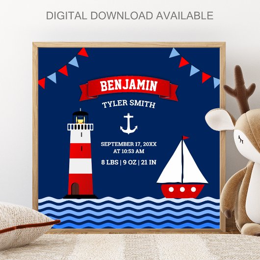 Lighthouse Sailboat Nautical Baby Boy Birth Stats Poster