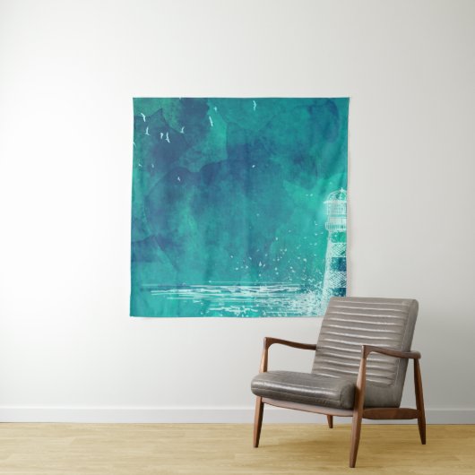Lighthouse & Seagulls – Waterverf Ocean Scene Wandkleed (In situ)