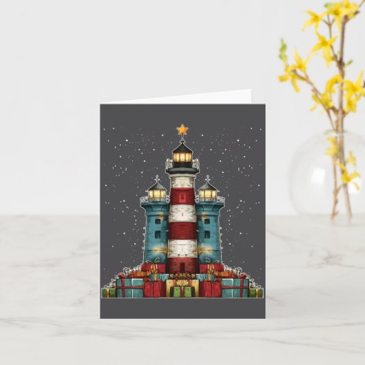 Lighthouse Seaside Christmas Tree Xmas Long Sleeve Kaart (Gele Bloem)