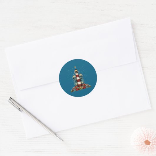 Lighthouse Seaside Christmas Tree Xmas Long Sleeve Ronde Sticker (Envelop)