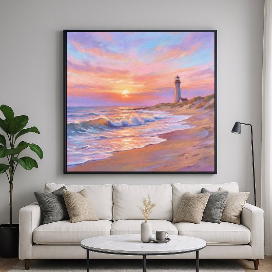 Lighthouse Shore Sunset - Pastel Painting Style Poster