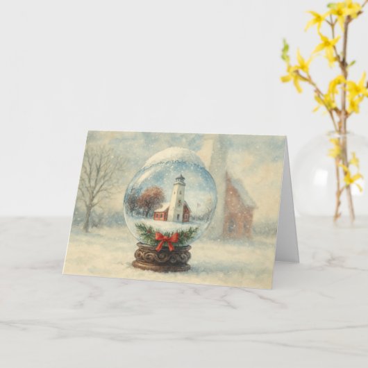 Lighthouse Snow Globe Christmas Holiday Card Kaart (Gele Bloem)