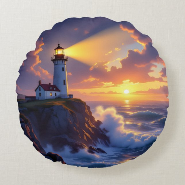Lighthouse Sunset Pillow Rond Kussen (Voorkant)