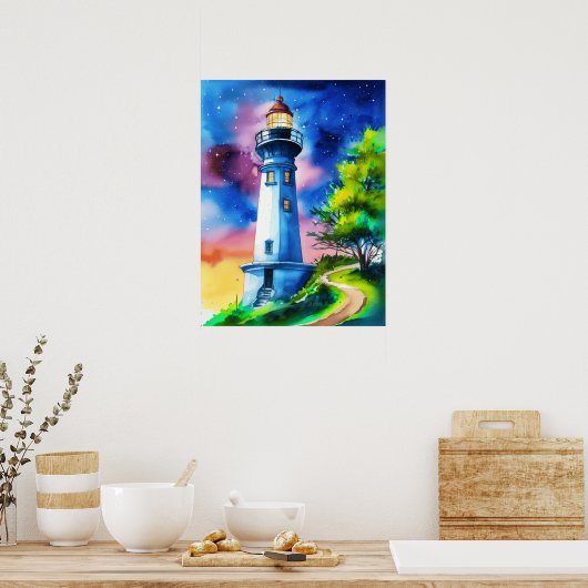Lighthouse Under a Starry Sky Poster (Keuken)
