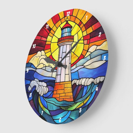 Lighthouse Waves Sunset Glas in lood Grote Klok (Hoek)