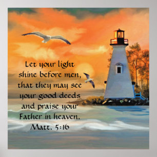 Lighthouse Zonsondergang / Zeemeeuw Bijbeltekst Po Poster