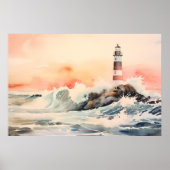 Lighthouse's Embrace: Coastal Waterverf Painting Poster (Voorkant)