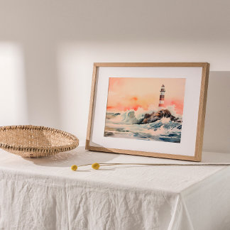 Lighthouse's Embrace: Coastal Waterverf Painting Poster