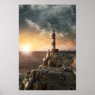 Lighthouses Red & White Lighthouse Poster