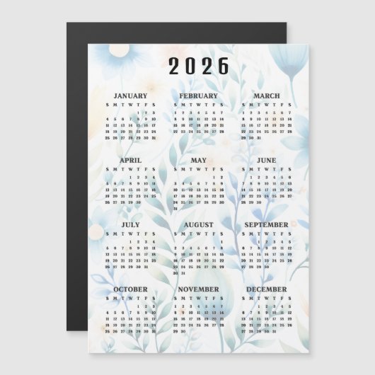 Lightly Floral Design 2026 Calendar Magnetic Card (Voorkant / Achterkant)