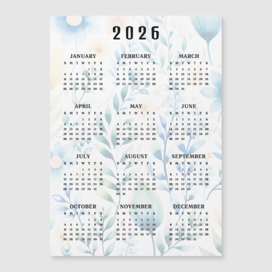 Lightly Floral Design 2026 Calendar Magnetic Card (Voorkant)