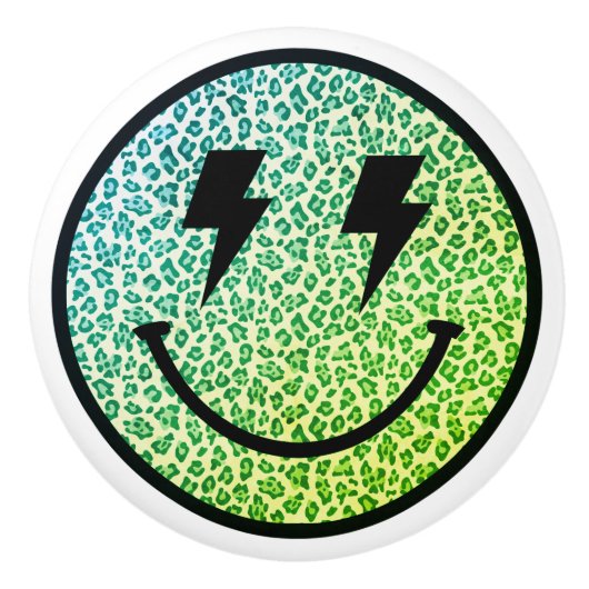 Lightning Bolt Eyes Green Leopard Smile Face Keramische Knop (Voorkant)