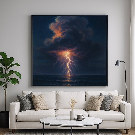 Lightning Night Storm - Pastel Painting Seascape Poster