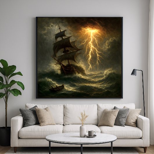 Lightning Storm Ship - Impressionisme Stijl Kunst Poster