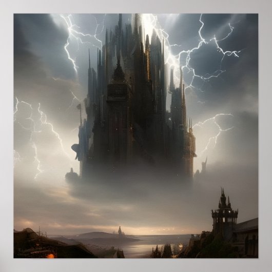 Lightning Towers AI Fantasy Digitale Kunst Print (Voorkant)